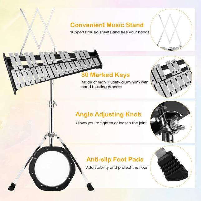 Costzon 30 Notes Glockenspiel Xylophone Bell Kit, Xylophone Percussion Instrument with Height Adjustable Stand