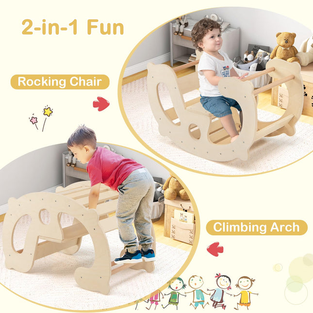 Costzon Wooden Arch Rocker, 2-in-1 Montessori Rocking Toys for Toddlers with Easy-Grip Handles