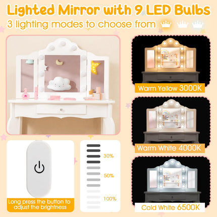 Costzon Kids Vanity Table and Chair Set, Girls Vanity Set with Mirror and Stool, Storage Drawer, Wooden Princess Makeup Dressing Table