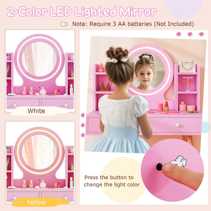 Costzon Kids Vanity, Girls Vanity Set with Mirror and Stool and Lights, Drawers, Storage Shelves