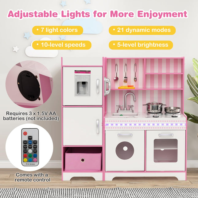 Costzon Kids Kitchen Playset, Wooden Little Chef Pretend Play Kitchen with Deluxe LED Lights, Pink