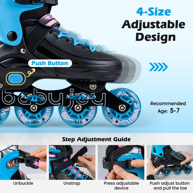 Inline Skates 4-Size Adjustable Light-up Wheels Fun Illuminating Roller Skates
