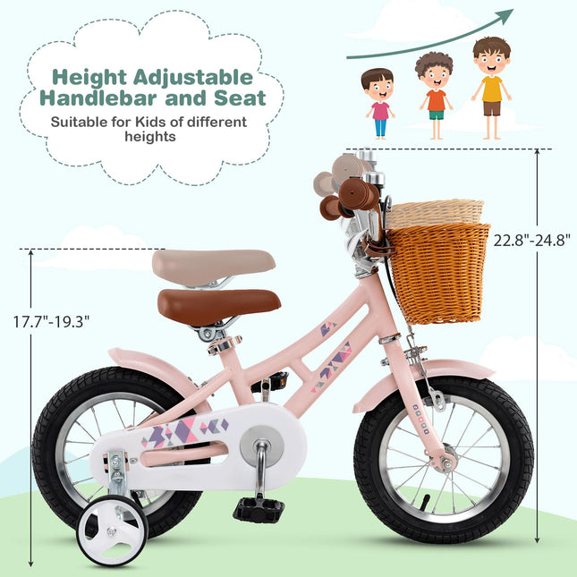 BABY JOY Retro Kids Bike, 12 Inch Child Bike w/Rattan Basket, 95% Pre-Assembled Kids Bicycle for Girls