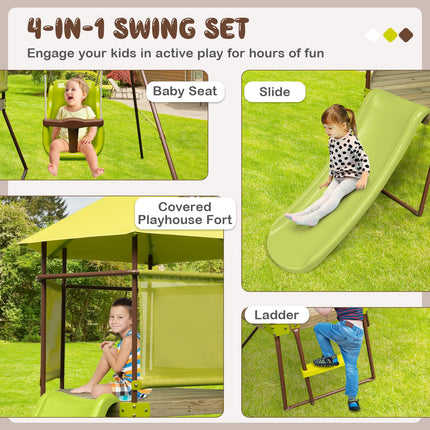 Costzon Swing Sets for Backyard, 4-in-1 Heavy Duty Metal Swing Set with Slide, Baby Swing