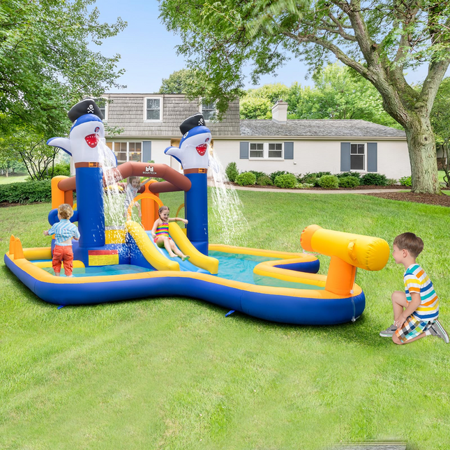 BOUNTECH Inflatable Water Slide, Shark Themed Water Bounce House with Slide for Kids Backyard Fun