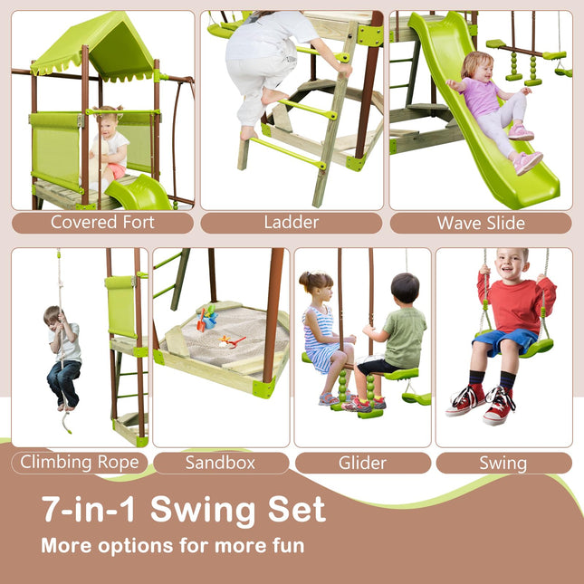 Costzon 450lbs Swing Sets for Backyard, 7-in-1 Heavy Duty Metal Swing Set with Slide, Outdoor Playset for Playground