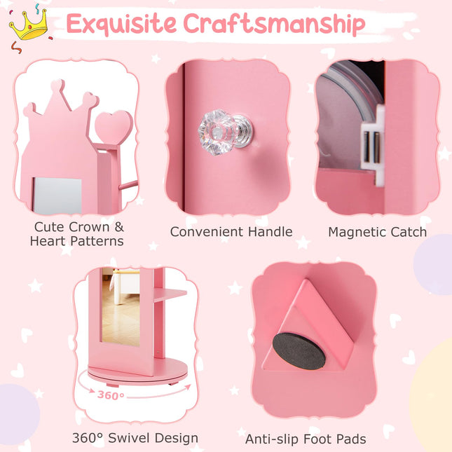 Costzon Kids Jewelry Armoire, 360° Swivel Jewelry Cabinet with Full Length Mirror & Garment Rack