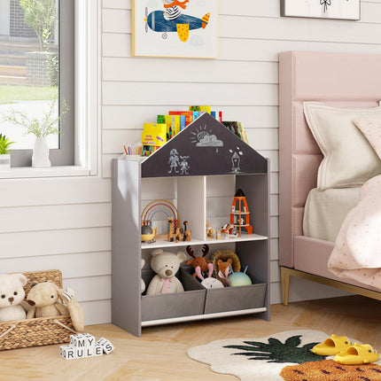Costzon Kids Bookshelf, Wooden Dollhouse Bookcase with Blackboard, Whiteboard