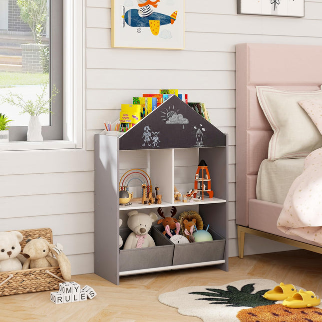 Costzon Kids Bookshelf, Wooden Dollhouse Bookcase with Blackboard, Whiteboard
