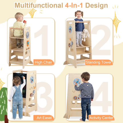 Costzon 4-in-1 Toddler Step Stool with Adjustable Height & Blackboard | Anti-Tip Montessori Tower