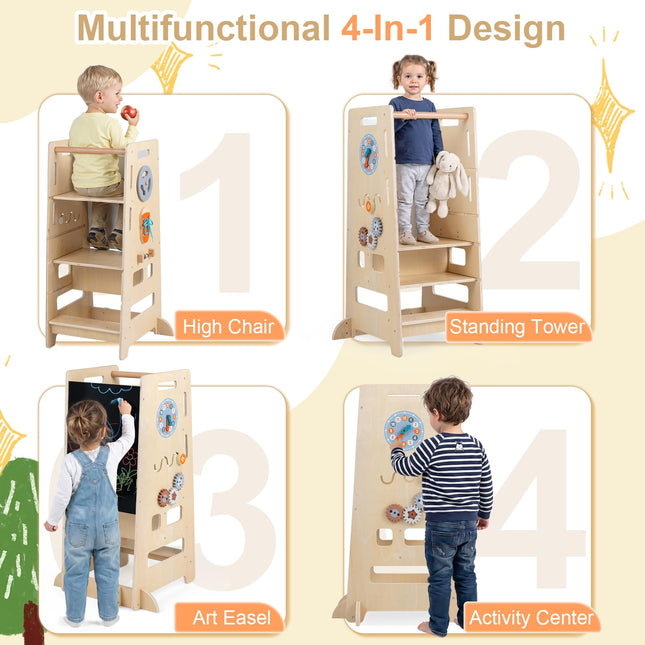 Costzon 4-in-1 Toddler Step Stool with Adjustable Height & Blackboard | Anti-Tip Montessori Tower