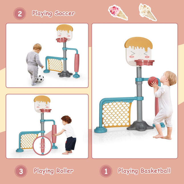Costzon 3-in-1 Toddler Basketball Hoop & Soccer Goal Stand, Indoor & Outdoor Activity Center Basketball & Soccer for Kids