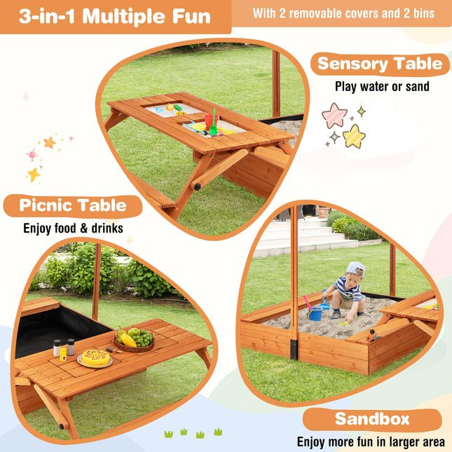 Costzon Wooden Sand Pit with Foldable Picnic Sensory Table