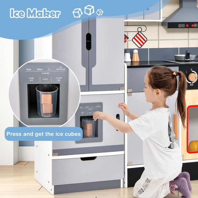Costzon 2-Piece Play Kitchen with Freestanding Refrigerator, Wooden Toy Kitchen Set