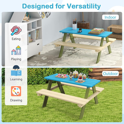 Costzon Kids Picnic Table, Acacia Wood Childrens Activity Table with Benches, Toddler Patio Furniture Set