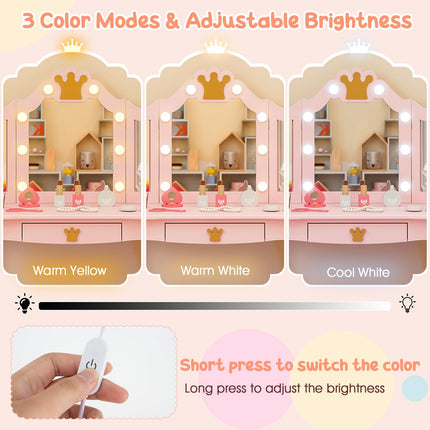 Costzon Kids Vanity with Lights, Girls Vanity Set with Mirror and Stool, Drawer, 2 in 1 Princess Makeup Desk Dressing Table