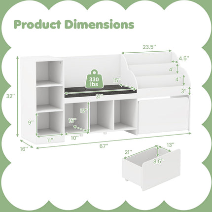 Costzon Kids Bookcase with/Reading Nook, 4-in-1 Toy Organizer w/Removable Seat Cushion