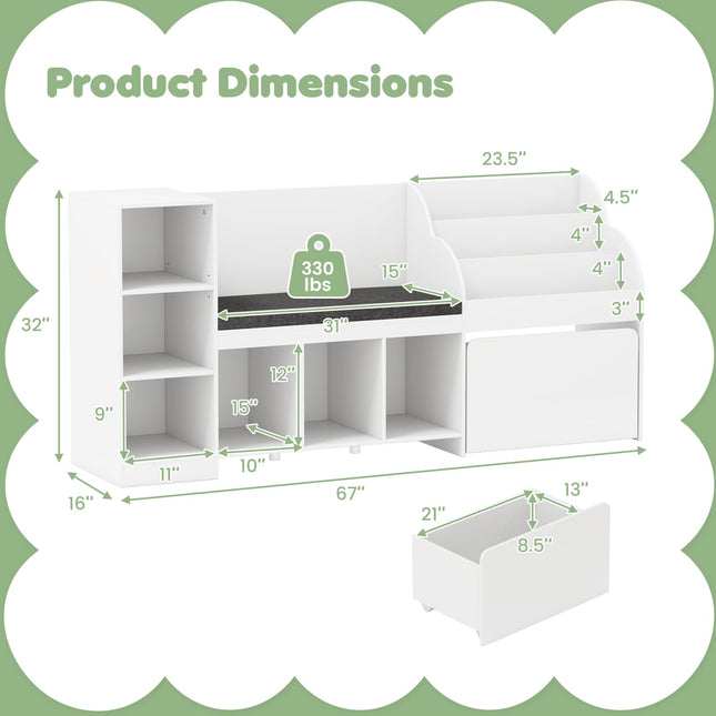 Costzon Kids Bookcase with/Reading Nook, 4-in-1 Toy Organizer w/Removable Seat Cushion