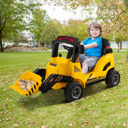 Costzon Ride on Excavator, 12V Battery Powered Bulldozer Digger with Adjustable Digging Bucket, Yellow