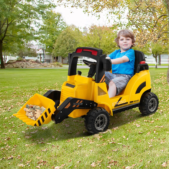 Costzon Ride on Excavator, 12V Battery Powered Bulldozer Digger with Adjustable Digging Bucket, Yellow