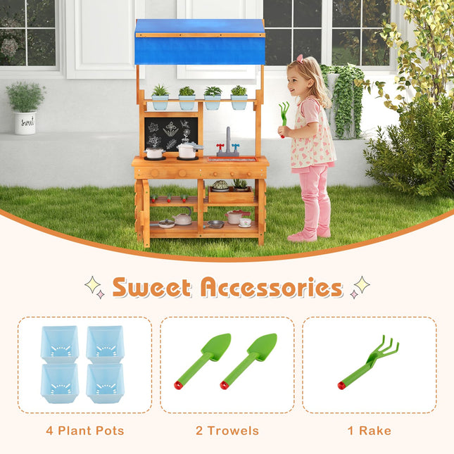 Costzon Mud Kitchen, Fir Wood Kids Kitchen Playset with Adjustable Canopy