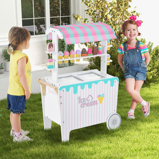 Costzon Wooden Ice Cream Cart for Kids, Pretend Play Food Trunk Toy w/ Display Rack