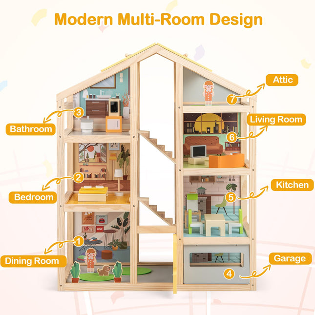 Costzon Wooden Dollhouse for Kids Modern Family Pretend Playhouse