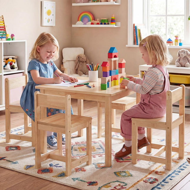 Costzon Kids Table and Chairs 5 Pieces Rubber Wood