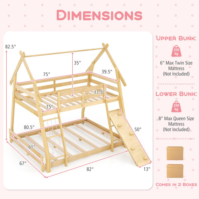 Costzon Twin Over Queen Bunk Bed, House Shaped Bed Frame with Climbing Nets and Ramp