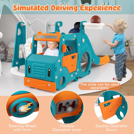 Costzon 6 in 1 Toddler Slide and Swing Set, Mini Bus Indoor Outdoor Baby Swing with Basketball Hoop