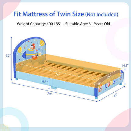 Costzon Twin Bed Frames for Kids, Wood Upholstered Twin Bed Platform with Slat Support, Fits Standard Twin Mattress