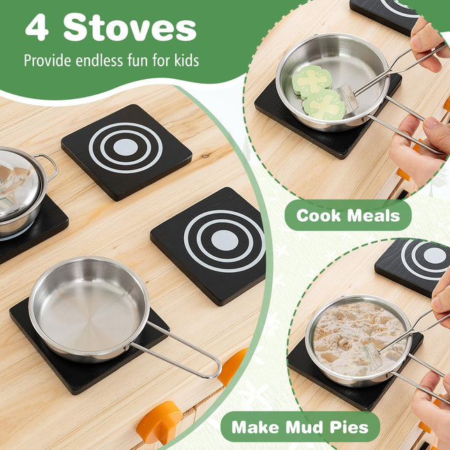 Costzon Mud Kitchen with Canopy, Fir Wood Kids Kitchen Playset with 4 Stoves, Outdoor Play Kitchen for Kids Toddlers, Gift for Boys Girls Ages 3+