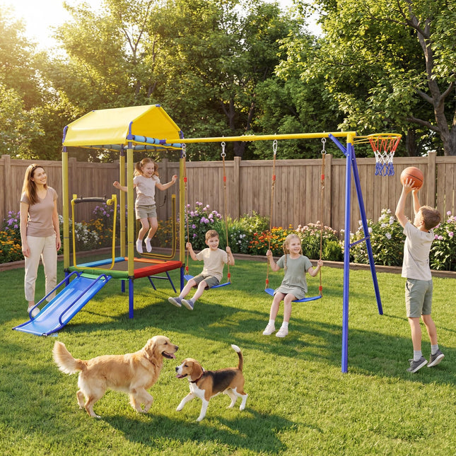Costzon 5-in-1 Kids Swing Set with Trampoline