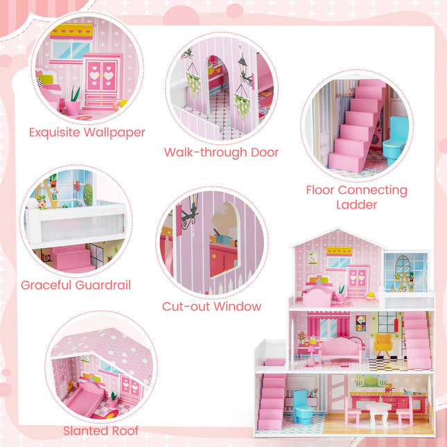 Costzon Wooden Dollhouse for Kids, 3-Story Semi-Open Doll House with 5 Rooms & 10 Pieces Furniture Set