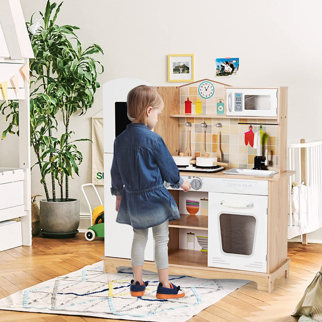 Costzon Kids Kitchen Playset, Wooden Pretend Play Kitchen Toy Set, Toddlers Cooking Toyset