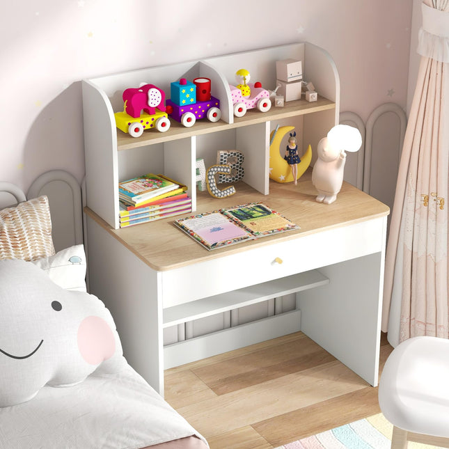 Costzon Kids Desk, Wooden Childrens Study Desk with Hutch, Drawer, Storage Shelf