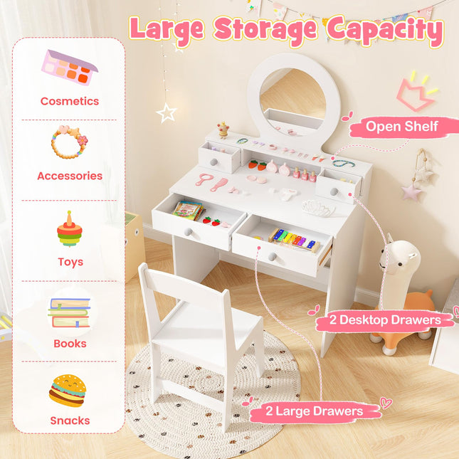 Costzon Kids Vanity, Princess Makeup Dressing Desk with Mirror and Stool, 4 Storage Drawers