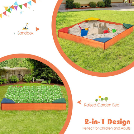 Costzon Kids Wooden Sandbox Wood Cedar Square Sand Box with 4 Colorful Built-in Corner Seating