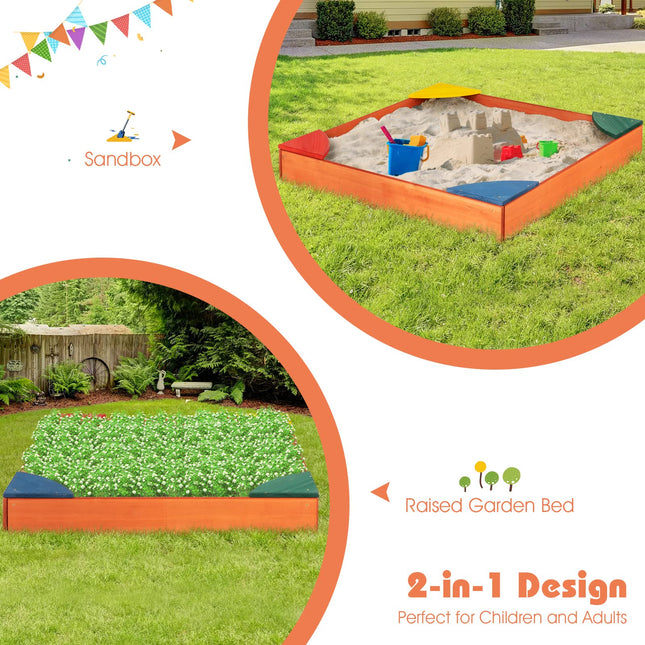 Costzon Kids Wooden Sandbox Wood Cedar Square Sand Box with 4 Colorful Built-in Corner Seating
