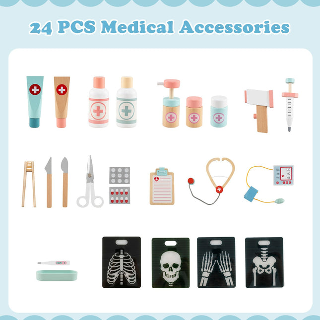 Costzon 2 in 1 Wooden Doctor Playset Role Play Medical Toy w/24 Medical Accessories