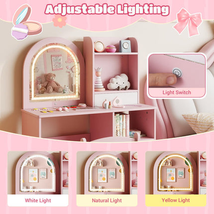 Costzon Wooden Kids Vanity Table and Chair Set with Mirror Hooks & Open Shelves