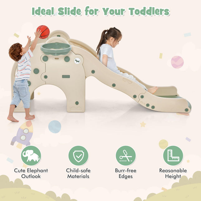 BABY JOY Toddler Slide, Elephant Shape Large Slide for Kids with Basketball Hoop, Buffer Zone & Non-Slip Steps