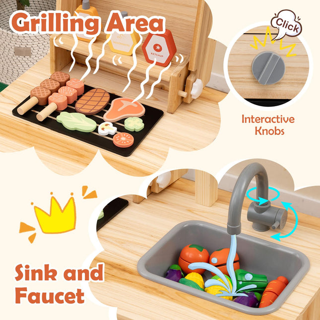 Costzon Kids Grill Playset with Chalkboard, Wooden Kids BBQ Grill Playset with Play Food（With Blackboard）