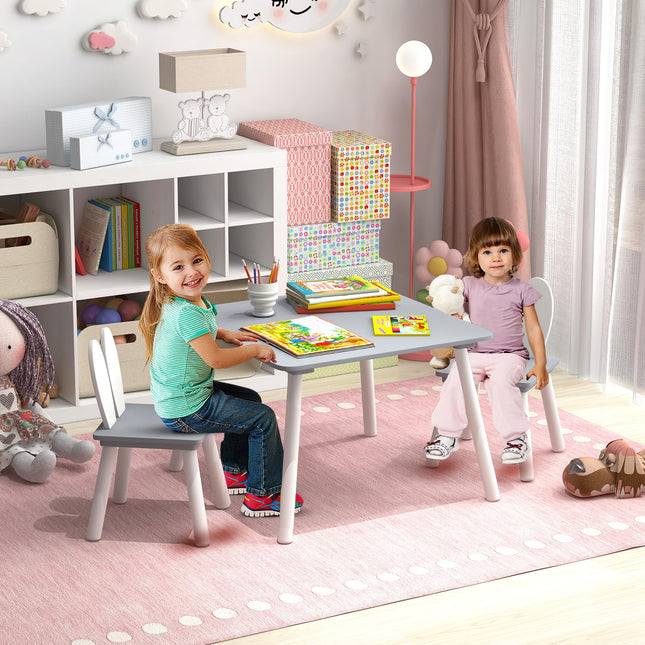 Costzon Kids Table and Chair Set, 3 Pieces Wooden Activity Play Table & 2 Cute Rabbit, Solid Wood Legs