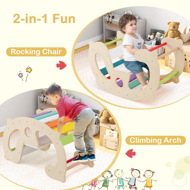 Costzon 2-in-1 Toddler Rocking Arch, Montessori Climbing Set & Wooden Rocking Horse Toy with Backrest & Seat