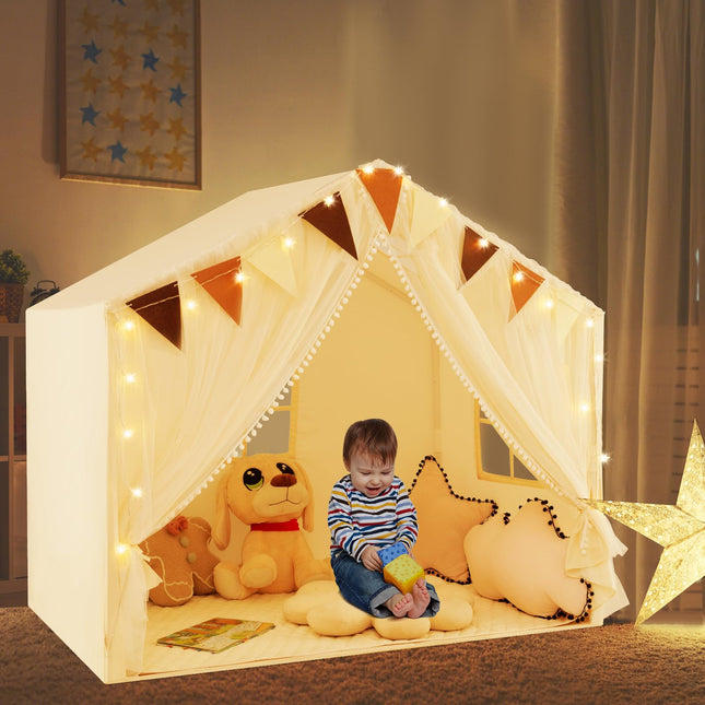 Costzon Kids Tent, Large Toddler Play Tent w/Fabric Screen Curtains, Star Lights, Plaid Pennants, 57.5" x 38" x 52.5"