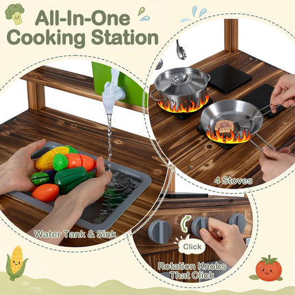 Costzon Wooden Kids Mud Kitchen with Canopy 2-Sided Chalkboard
