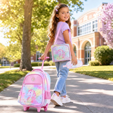 Baby Joy 3 Pieces Rolling Backpack for Kids | Wheeled Backpack with Lunch Box and Pencil Case