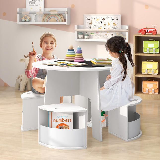 Costzon Kids Table and Chairs, 5 Pieces Children Round Table w/ 4 Storage Stools & Chalkboard Tabletop for Activity