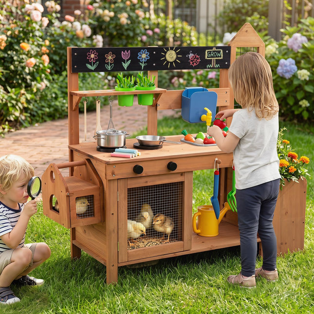 Costzon Solid Wood Toddler Play Kitchen w/Detachable Bird Cage | Outdoor Mud Kitchen for Kids